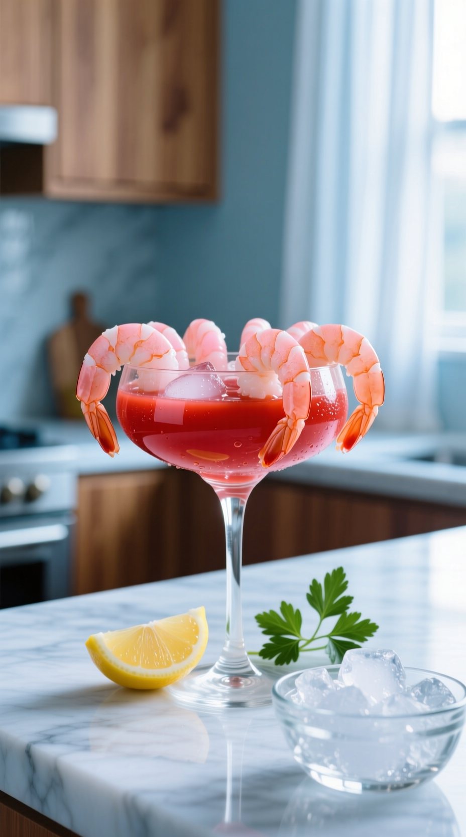 Chilled Jumbo Shrimp Cocktail With Tangy Red Sauce, Lemon, Fresh Parsley On A Clean Marble Countertop.