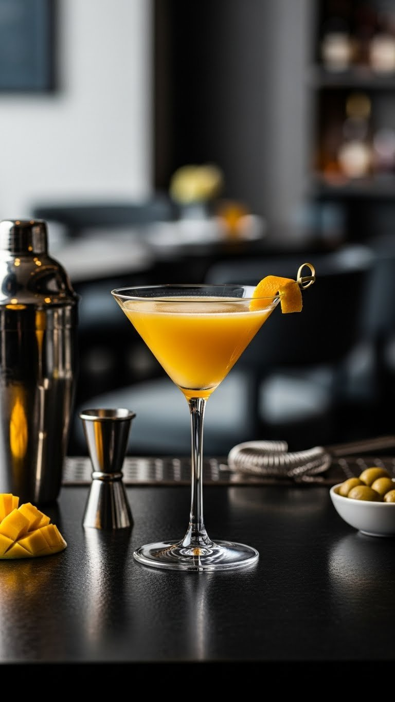 Chilled Martini Glass With Clear Golden-Yellow Mango Martini Garnished With Elegant Mango Curl
