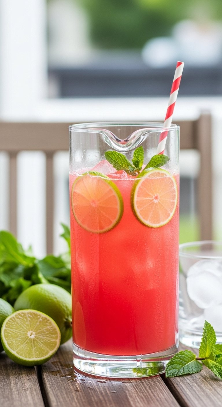 Chilled Pink Watermelon Agua Fresca In A Glass Pitcher With Lime Slices And Fresh Mint Leaves.
