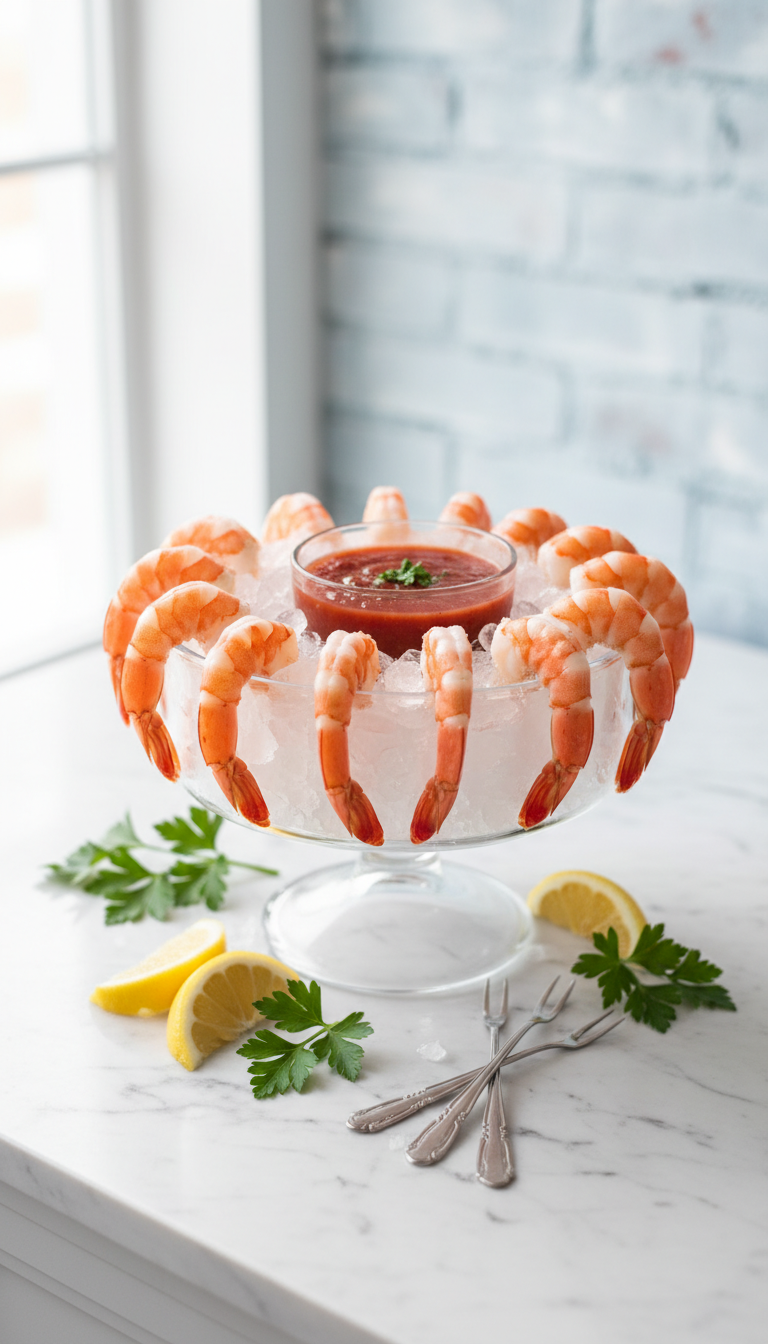 Chilled Shrimp Cocktail In A Tiered Glass Bowl With Crushed Ice, Vibrant Red Sauce, Lemon, And Parsley On Marble.