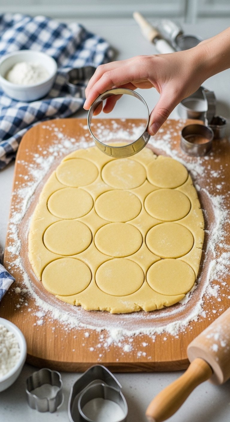 Chilled Sugar Cookie Dough Rolled Out Evenly On A Lightly Floured Wooden Board With A Round Cookie Cutter Poised Above.
