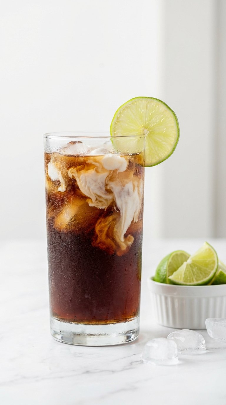 Chilled Sugar-Free Dirty Soda Sonic Drink In Frosty Glass With Coconut Syrup And Lime Slice On Marble Surface