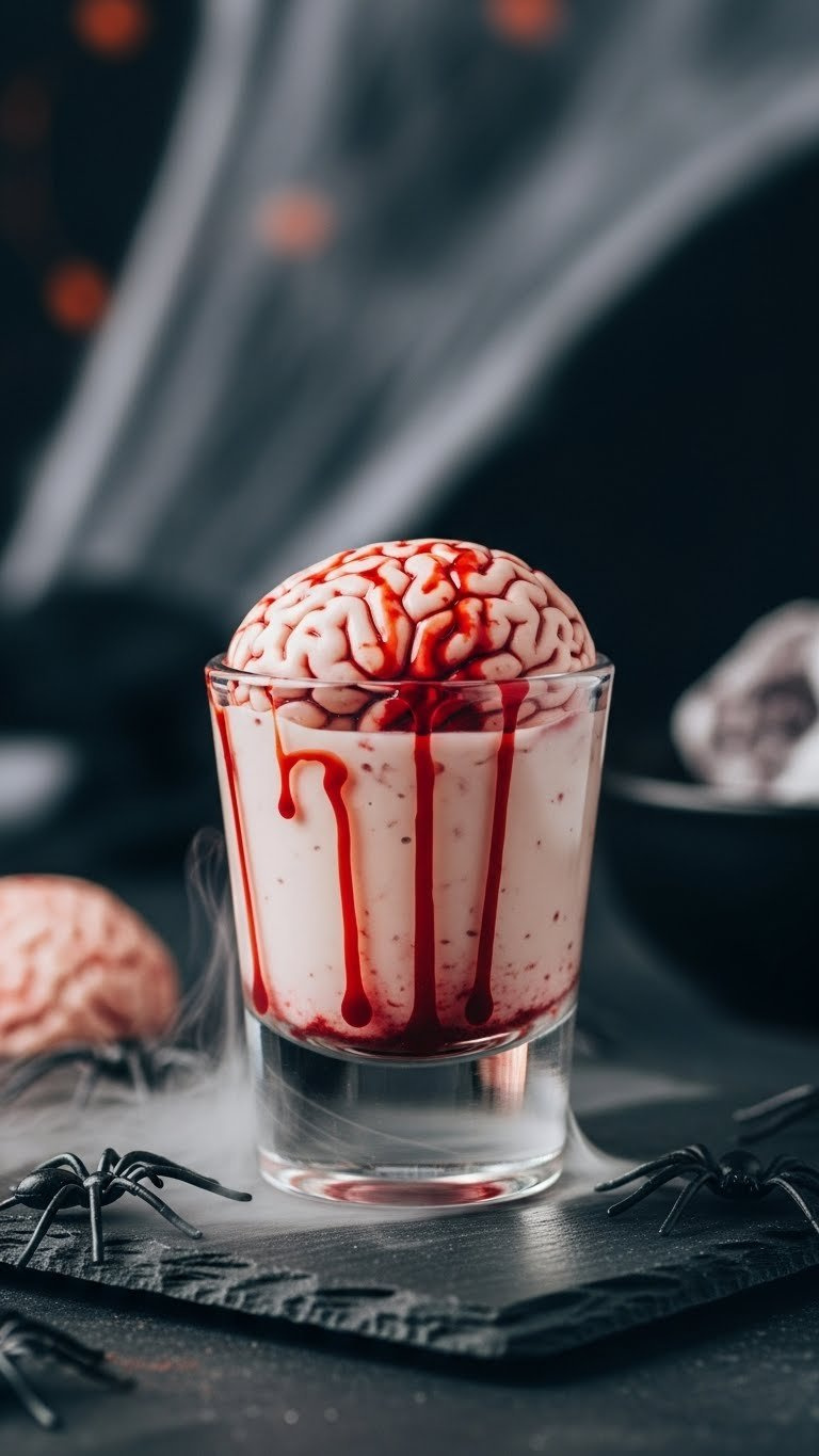 Chilling Halloween Brain Hemorrhage Shot With Creamy Brain Texture And Red Streaks On Dark Slate