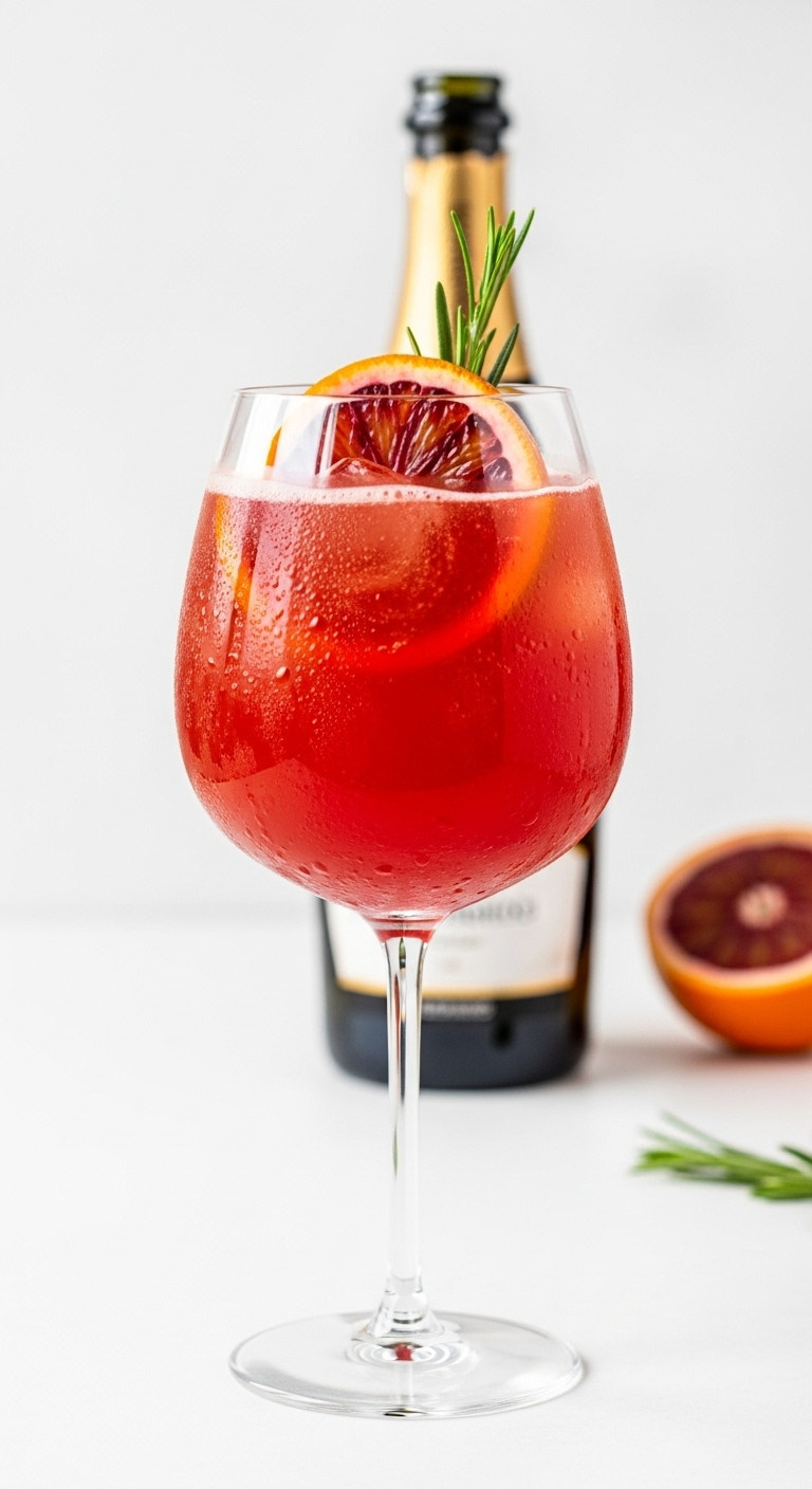 Chilling Blood Orange Prosecco Spritz In An Elegant Wine Glass With An Orange Slice And Rosemary Sprig