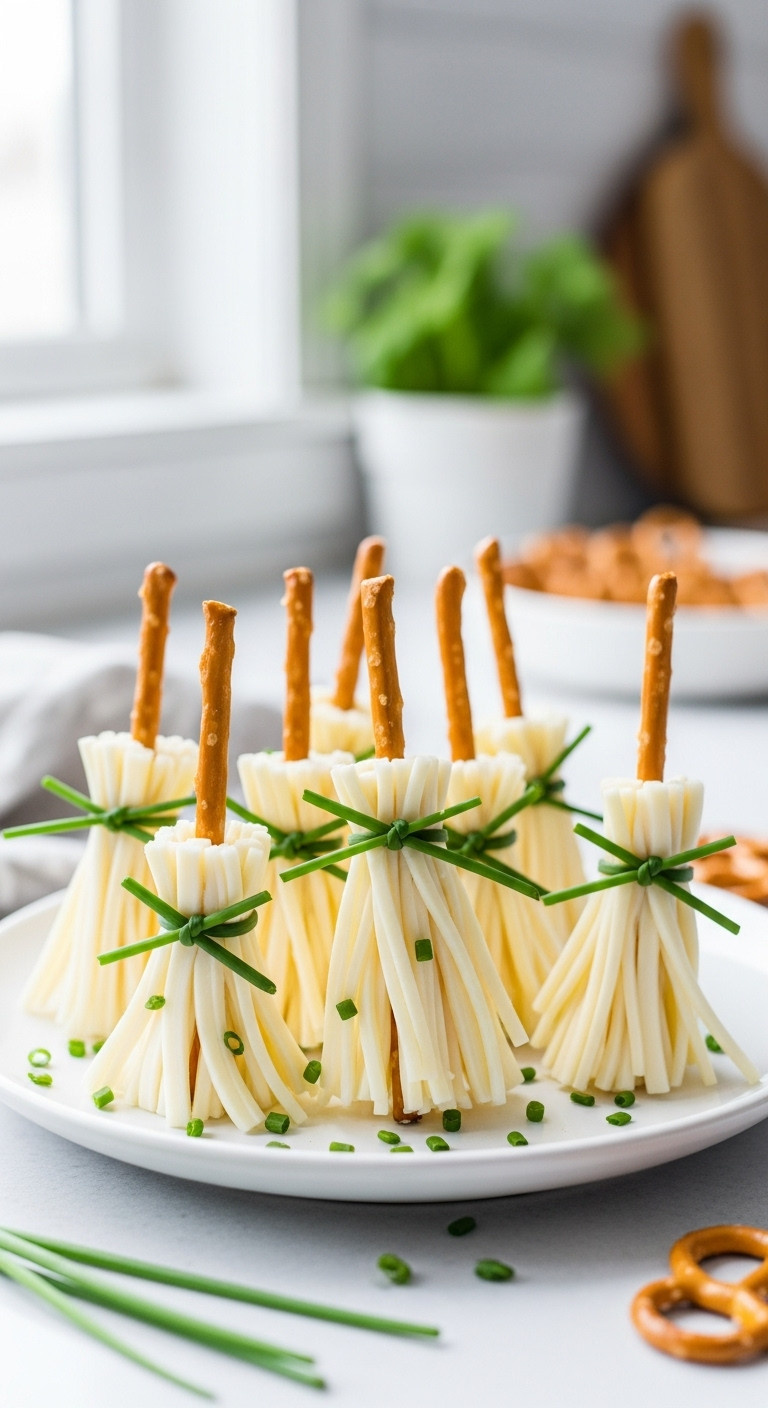 Chive-Tied Witch Broomstick Snacks Made From String Cheese And Pretzel Sticks On A White Plate, Kitchen Background.