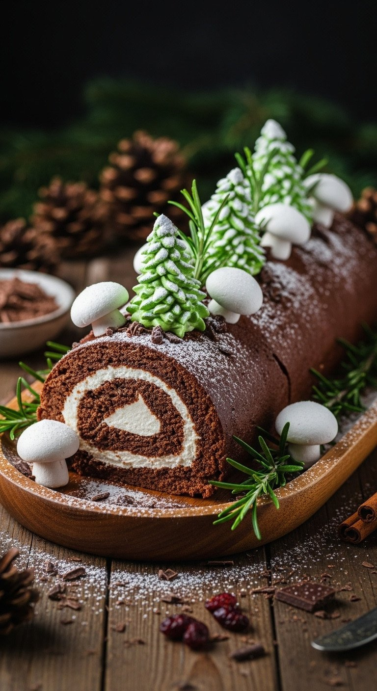 Chocolate Bûche De Noël, Powdered Sugar, Meringue Mushrooms, Rosemary Sprigs, Rustic Wooden Platter. Winter.
