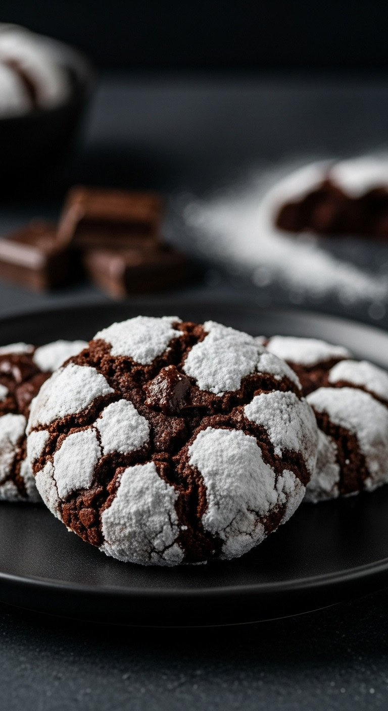 Chocolate Crinkle Cookies With Fudgy Centers &Amp; White Powdered Sugar Coating On A Dark Matte Plate, Dramatic Lighting.