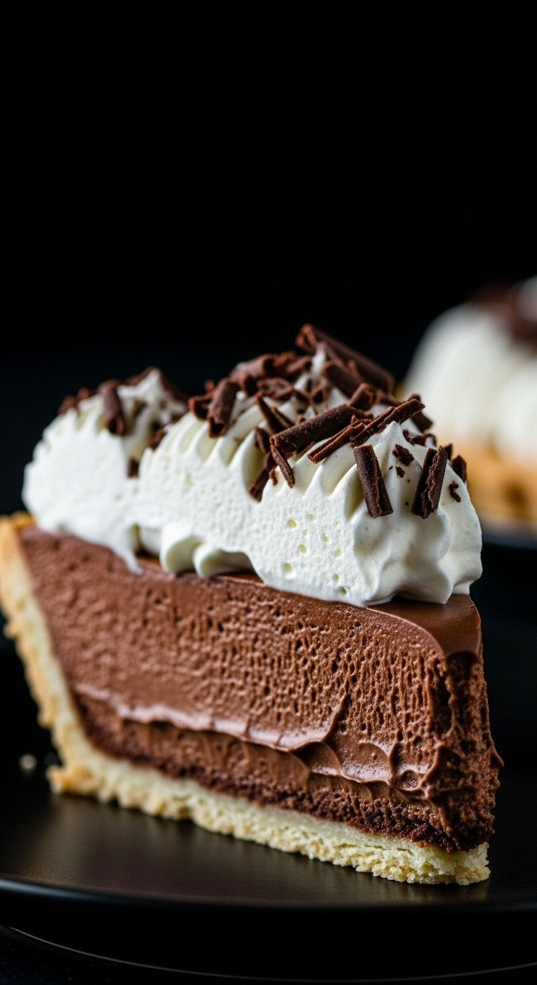 Chocolate French Silk Pie Slice: Dark Mousse, Flaky Crust, Whipped Cream, Chocolate Shavings. Decadent.