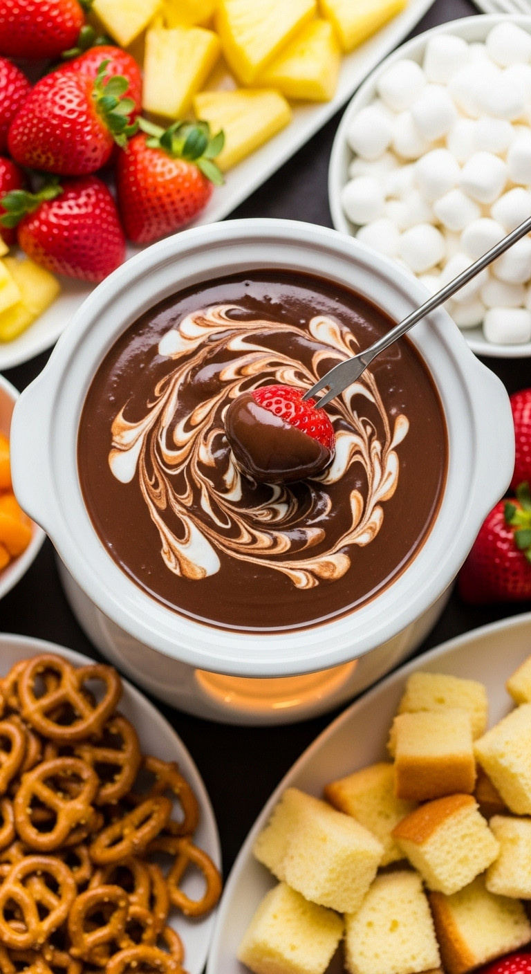 Chocolate And Marshmallow Fondue With A Strawberry Being Dipped Surrounded By Fruit Pretzels And Pound Cake