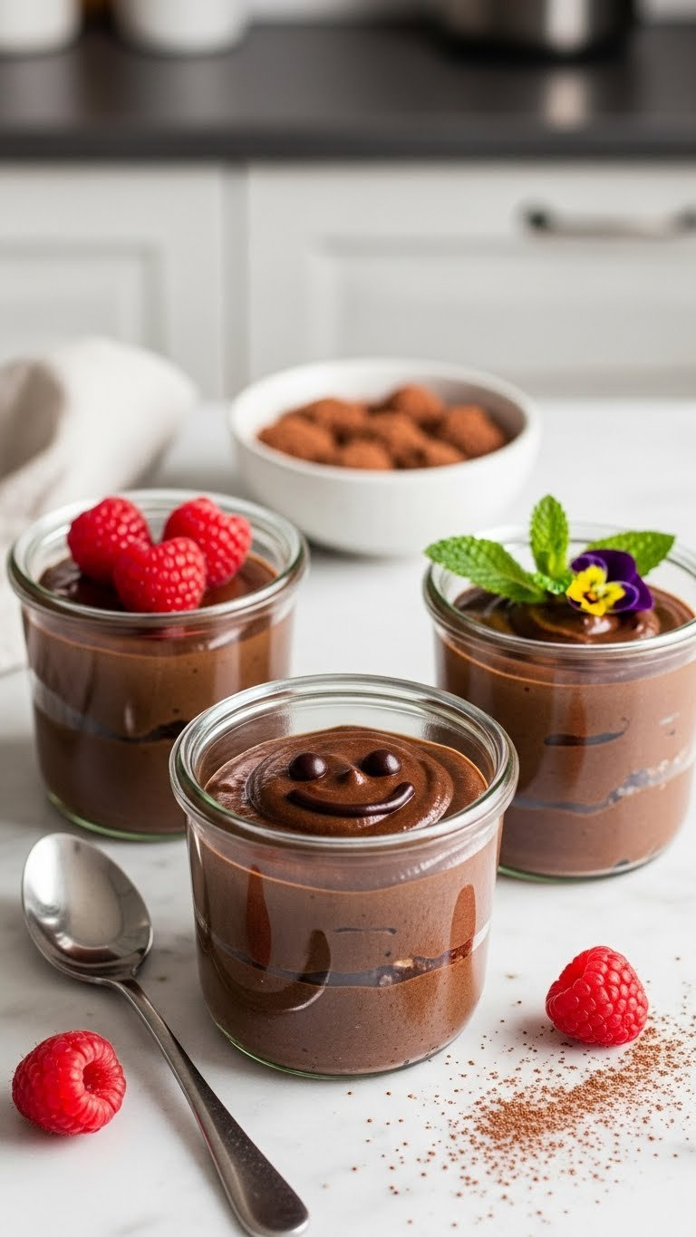 Chocolate Avocado Pudding Cups In Glass Jars With Cute Raspberry Heart And Mint Leaf Toppings