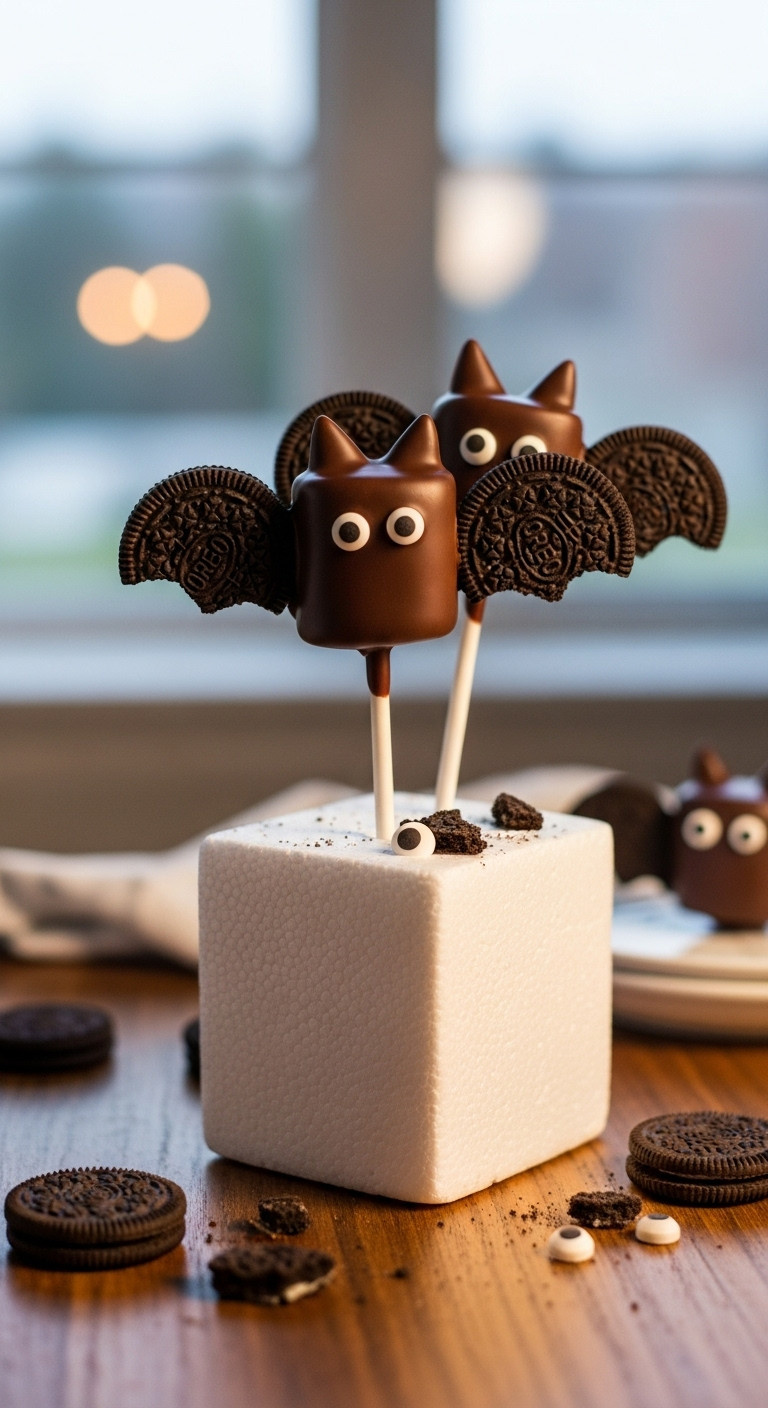 Chocolate Bat Marshmallow Pops With Dark Chocolate, Oreo Cookie Wings, Candy Eyeballs. Spooky Halloween Party Treat Idea.