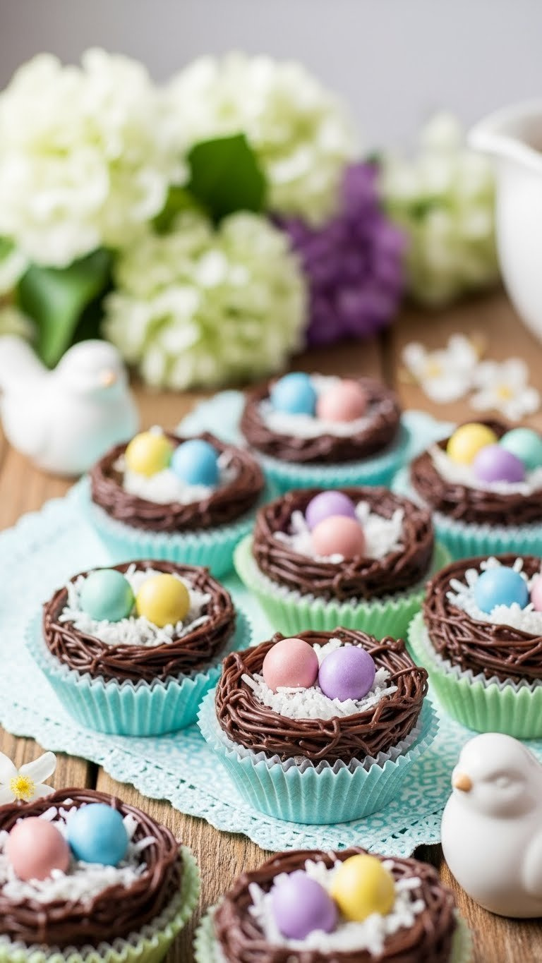 Chocolate Bird's Nest Cookies With Shredded Coconut In Pastel Cupcake Liners Holding Colorful Mini Candy Eggs