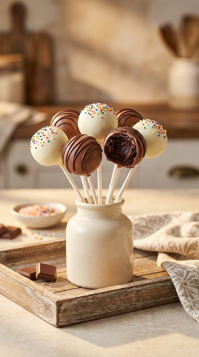 Chocolate Brownie Pops With Colorful Sprinkles Arranged In Ceramic Vase On Wooden Tray