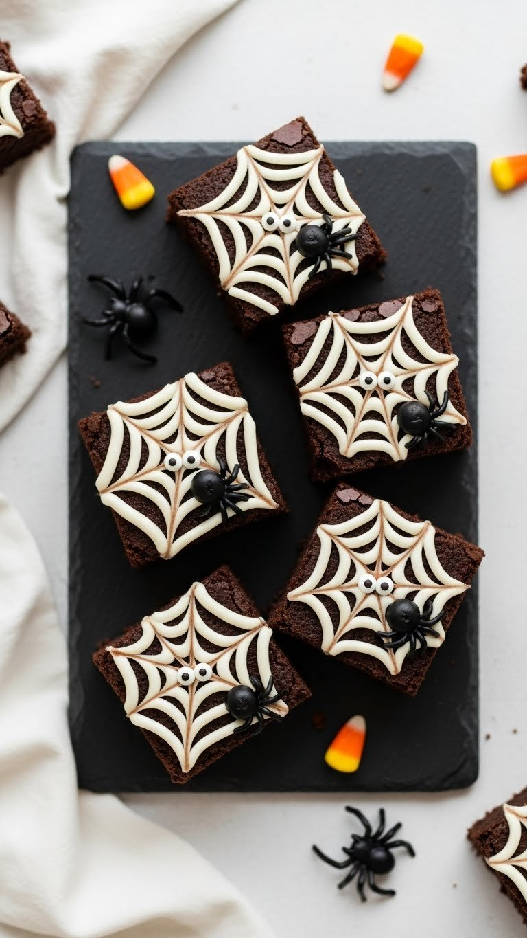 Chocolate Brownies With Intricate White Icing Spiderweb Patterns And Cute Halloween Decorations