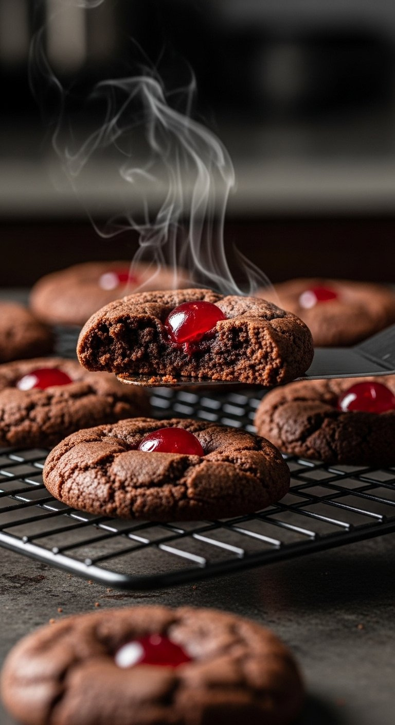 Chocolate Cherry Thumbprint Cookie With Maraschino Cherry Center Being Lifted On A Spatula.