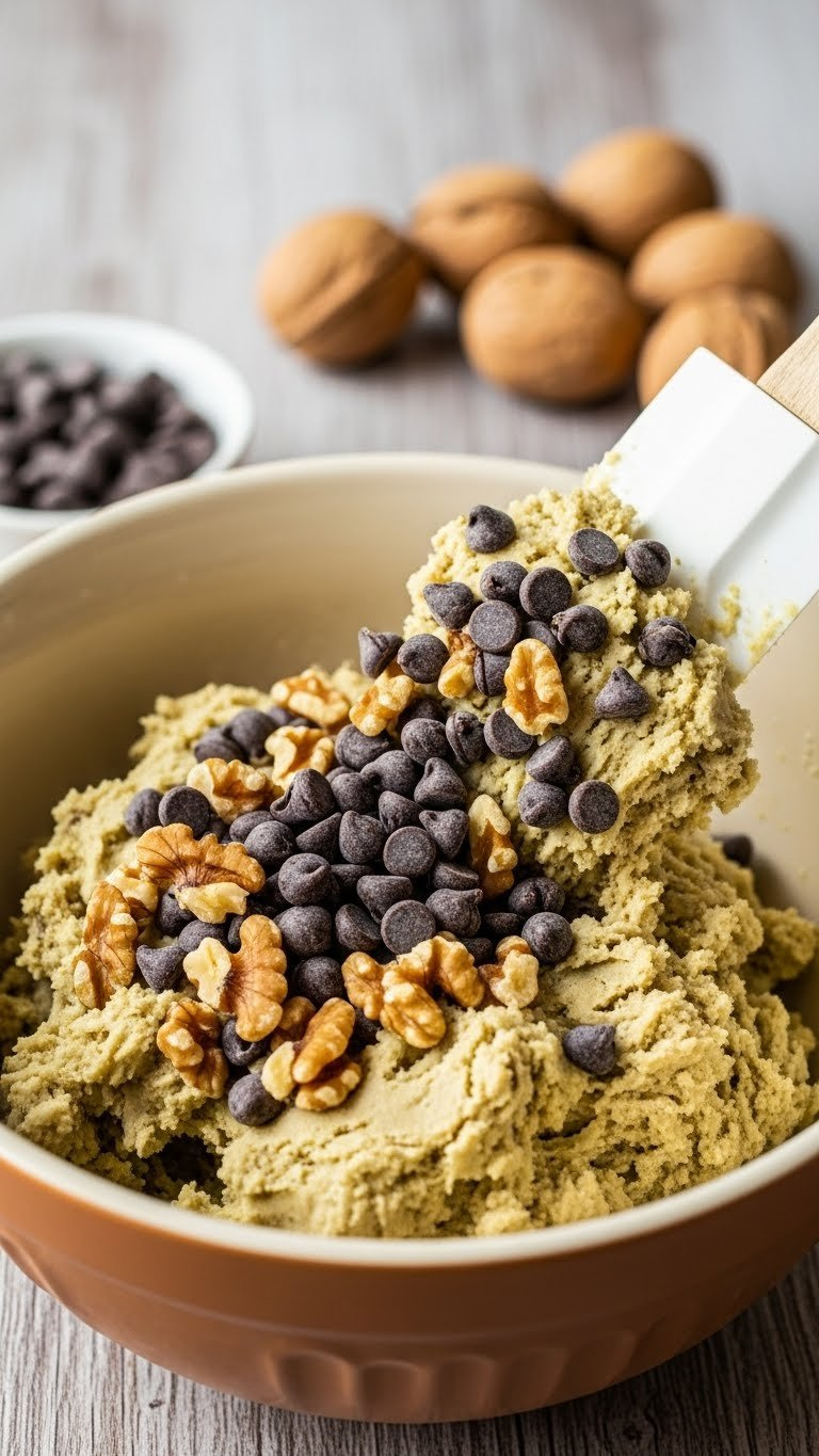 Chocolate Chips And Chopped Walnuts Being Folded Into Thick Cookie Dough With A Spatula In A Rustic Ceramic Mixing Bowl.