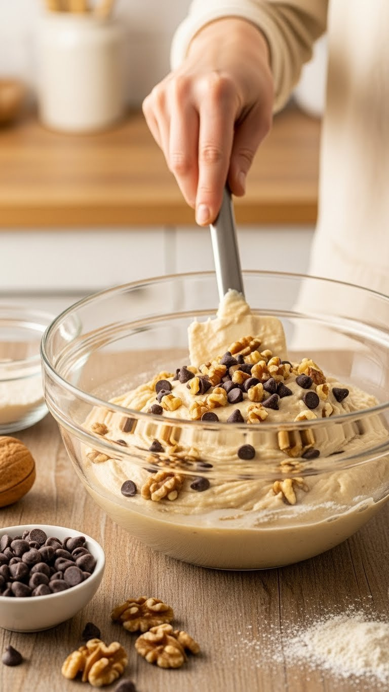 Chocolate Chips And Walnuts Being Folded Into Creamy Banana Zucchini Bread Batter With Spatula