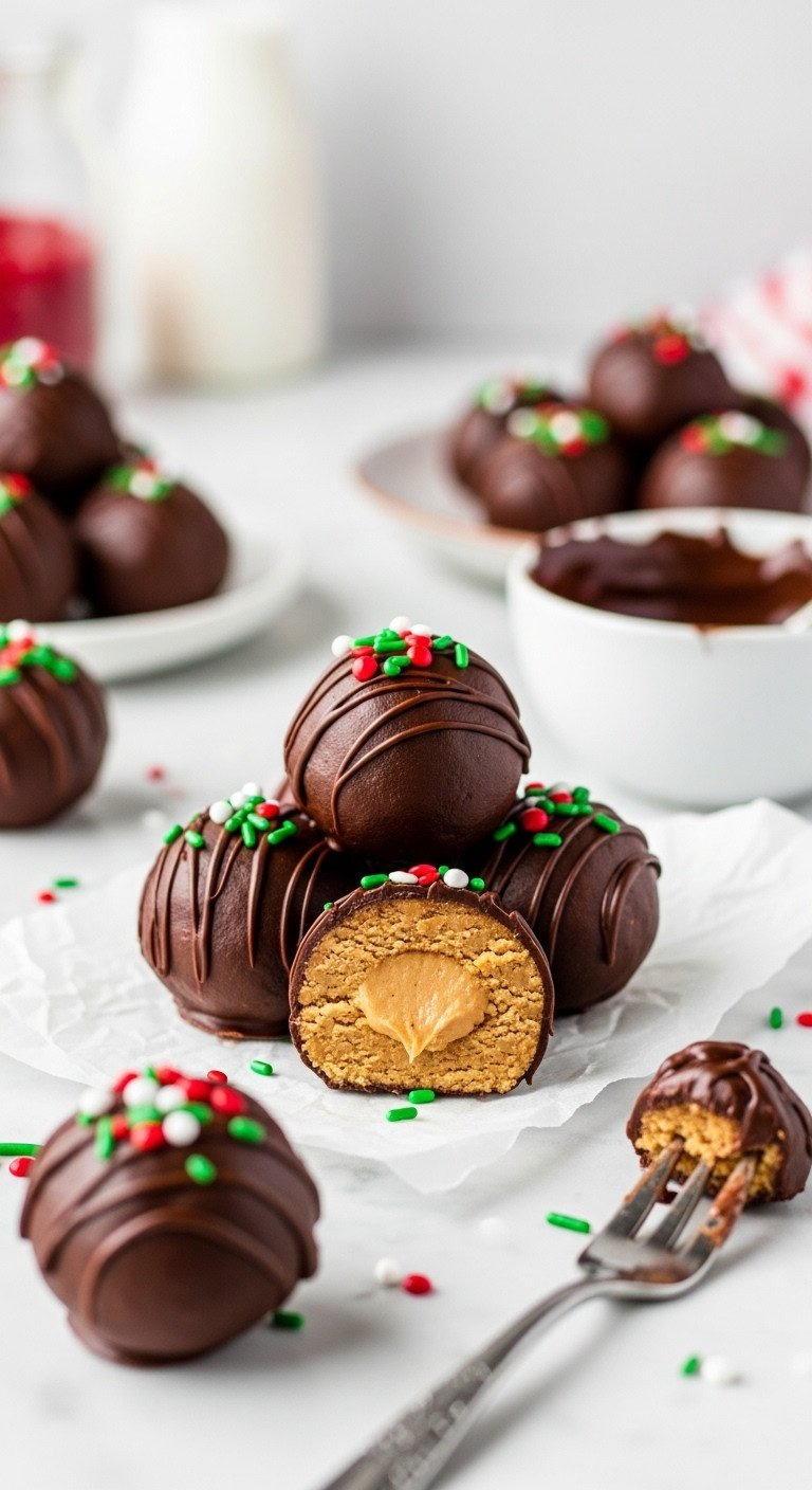Chocolate-Coated No-Bake Peanut Butter Balls On Parchment Paper, One Sliced Open To Show The Creamy Peanut Butter Center.