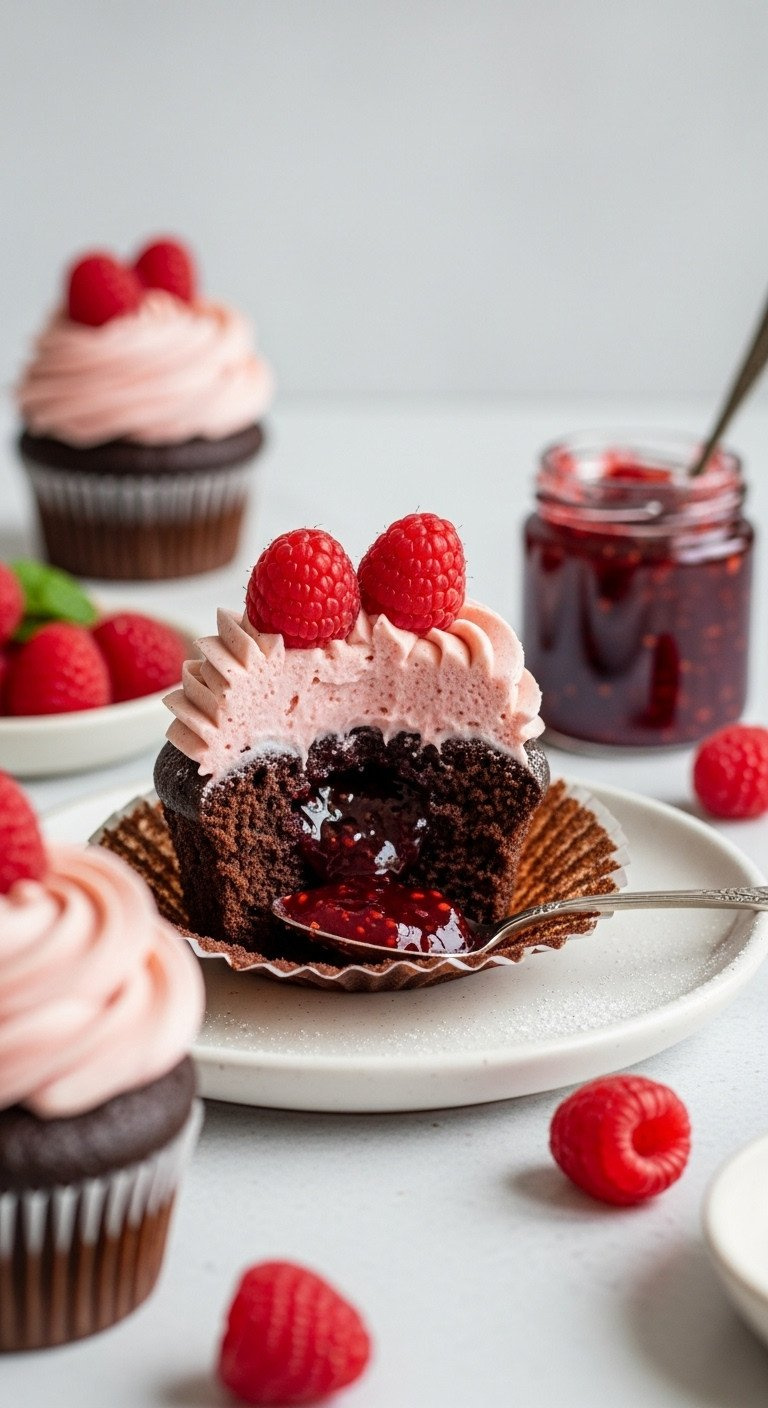 Chocolate Cupcake With Raspberry Buttercream, Revealing Luscious Jam Filling. Close-Up On White Plate, Fresh Raspberries; Elegant Gourmet Surprise.