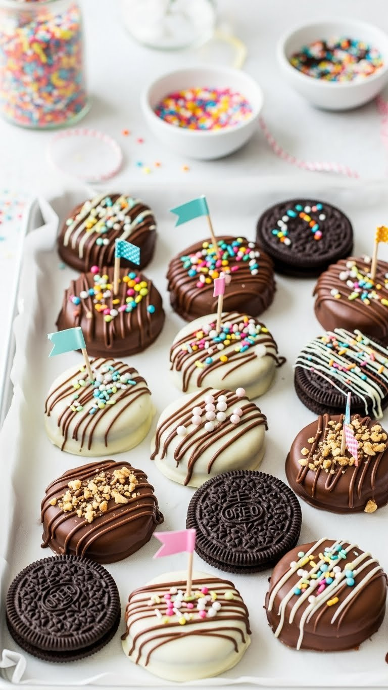 Chocolate-Dipped Oreo Cookies With Colorful Sprinkles Arranged On Light Serving Tray With Parchment Paper