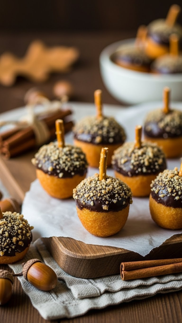 Chocolate-Dipped Acorn Donut Holes With Pretzel Stems On Rustic Wooden Board With Autumn Foliage