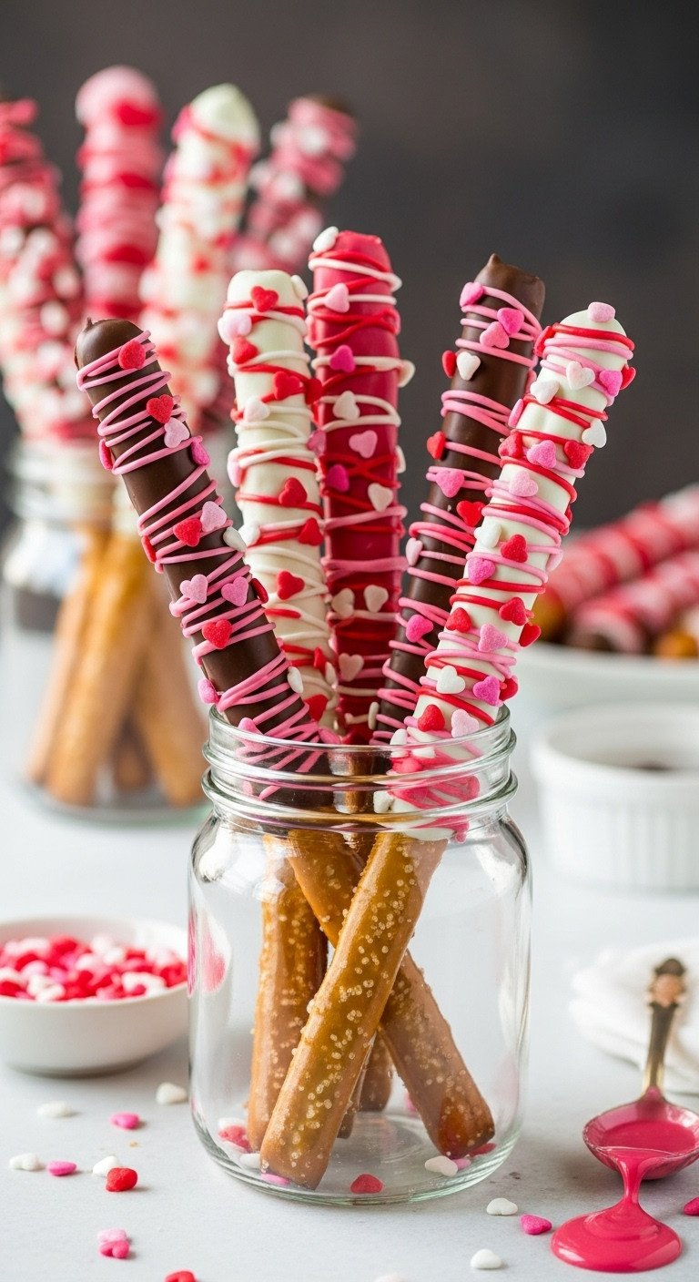 Chocolate-Dipped Pretzel Rods Drizzled With Pink/Red Candy Melts &Amp; Heart Sprinkles, Standing In A Glass Jar.
