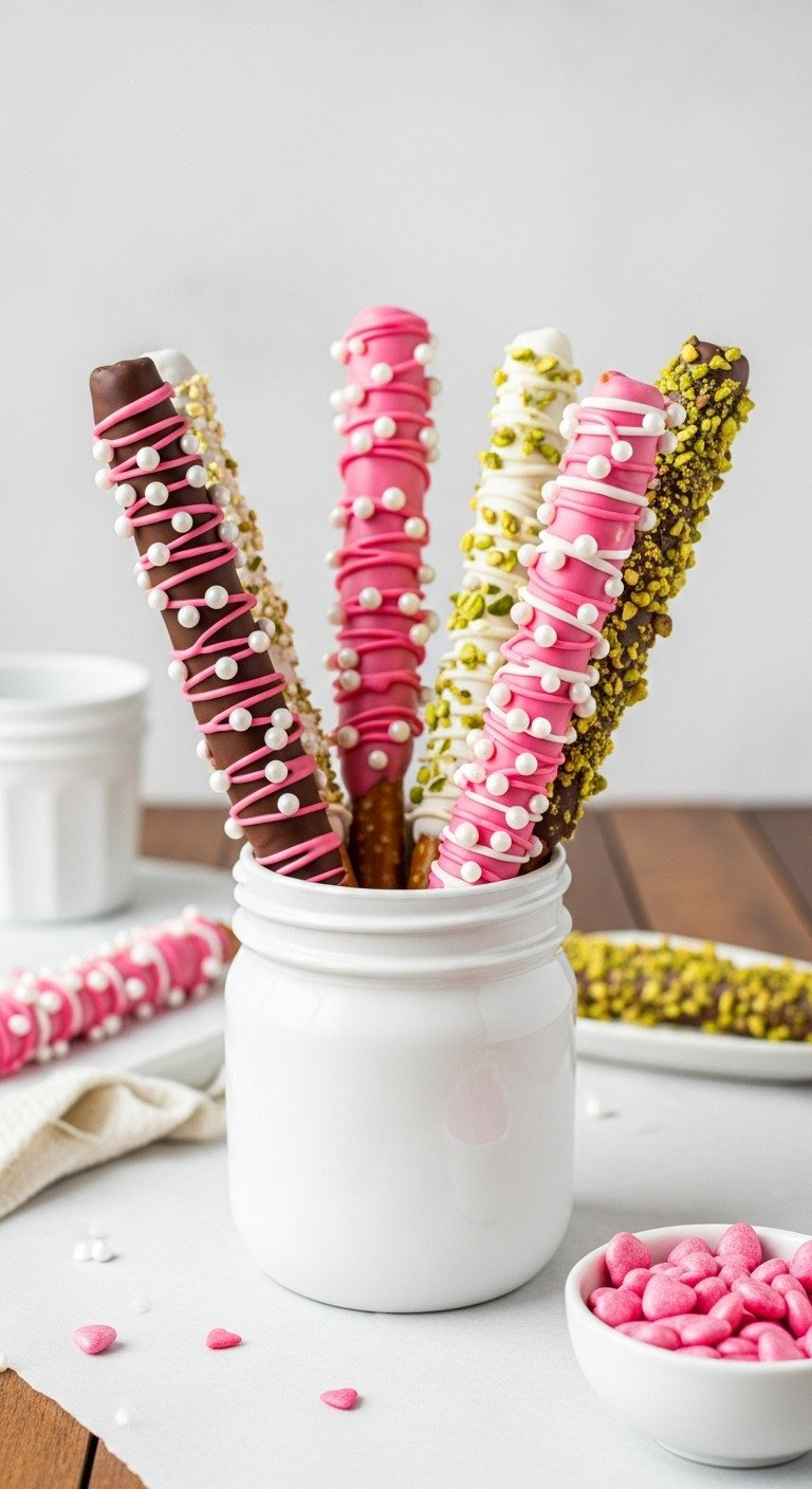 Chocolate Dipped Pretzel Rods With Pink Drizzle, White Pearls, Pistachios In A Jar On Wood Table, Bright Daylight.