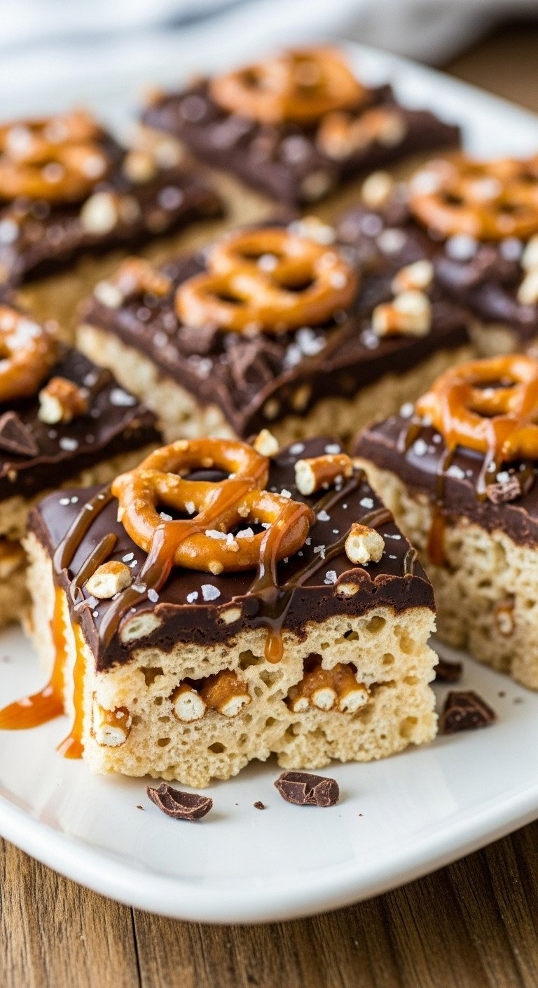Chocolate-Dipped Rice Krispie Squares With Crushed Pretzel, Glistening Salted Caramel Drizzle On A White Platter.
