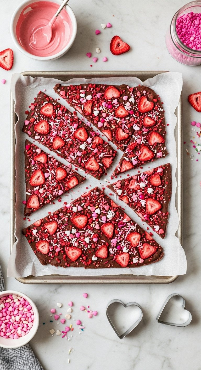 Chocolate-Dipped Strawberry Heart Bark With Freeze-Dried Strawberries, Pink Sprinkles On Marble Counter.