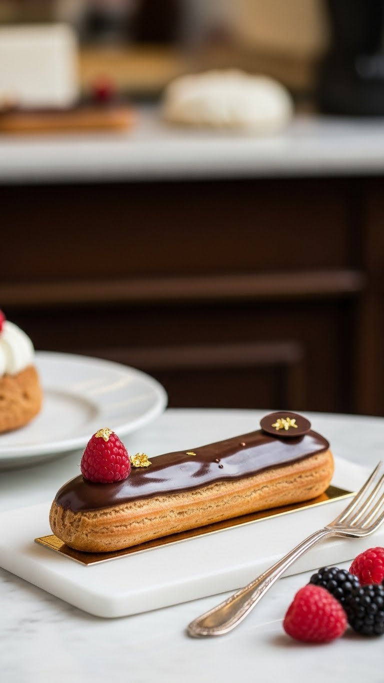 Chocolate Eclair With Gold Leaf And Raspberry Garnish On White Marble Slab With Antique Silver Fork