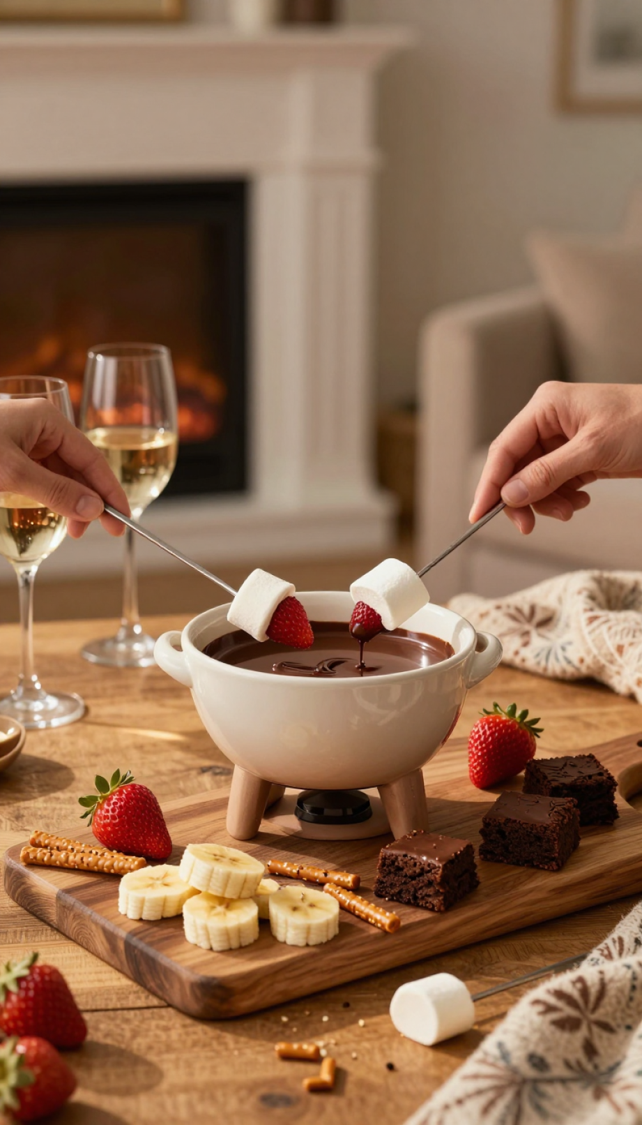 Chocolate Fondue Pot With Melted Dark Chocolate Surrounded By Strawberries, Marshmallows, And Various Dippers