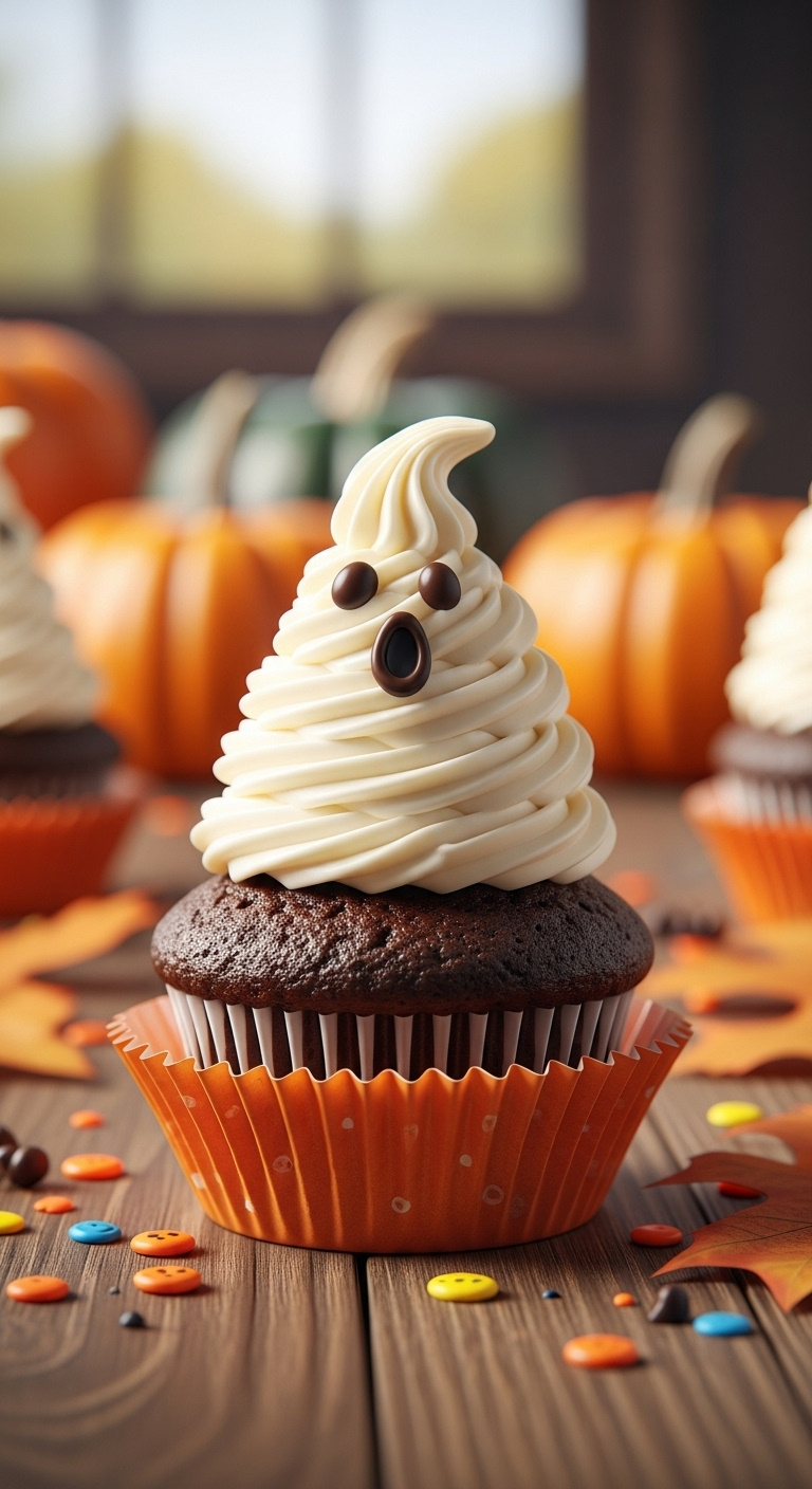 Chocolate Ghost Cupcake With White Buttercream Frosting And Chocolate Chip Eyes In An Orange Liner On A Rustic Wood Table