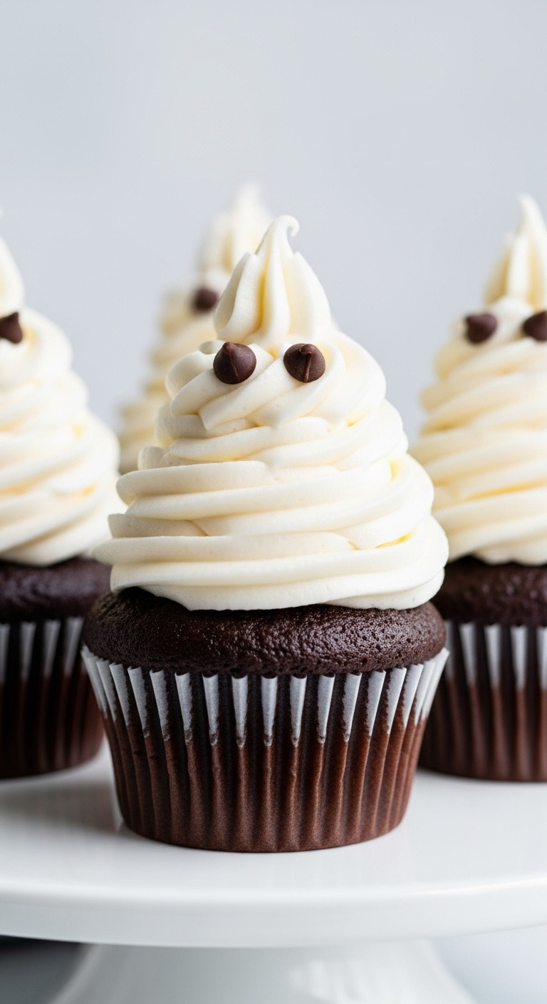 Chocolate Ghost Cupcakes With White Buttercream Frosting And Mini Chocolate Chip Eyes On A White Cake Stand For A Crowd