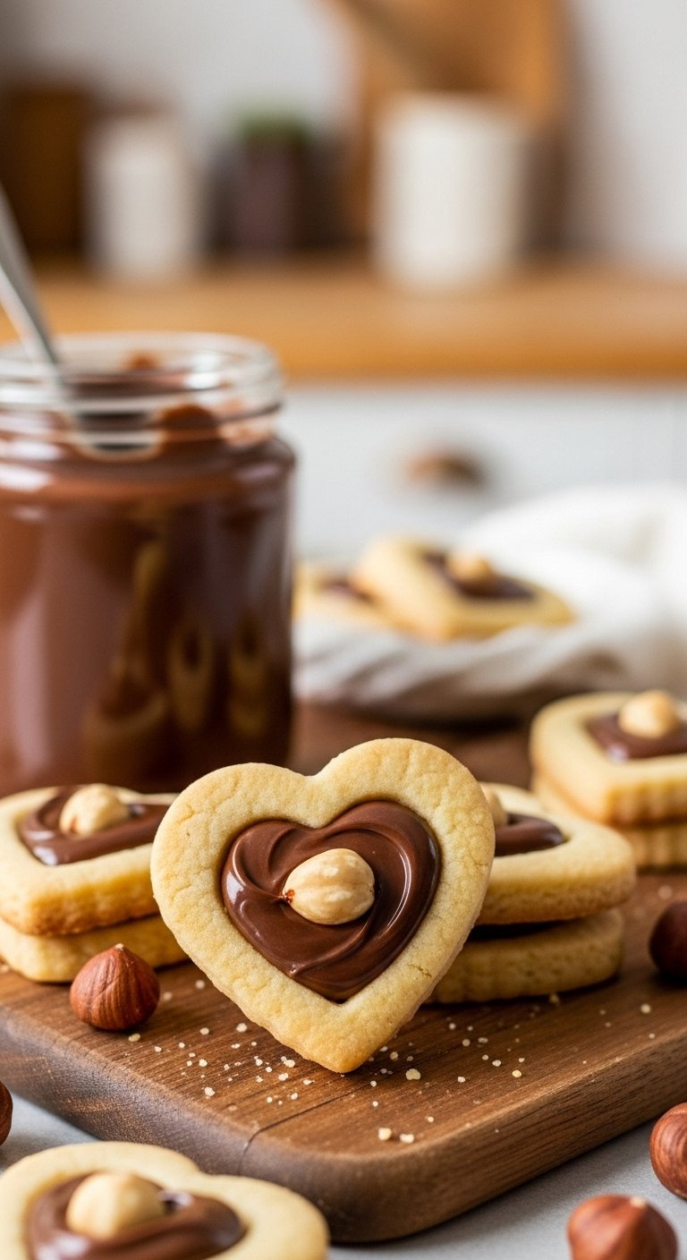 Chocolate Hazelnut Thumbprint Heart Cookies Filled With Rich Spread And Toasted Hazelnuts On Wood.