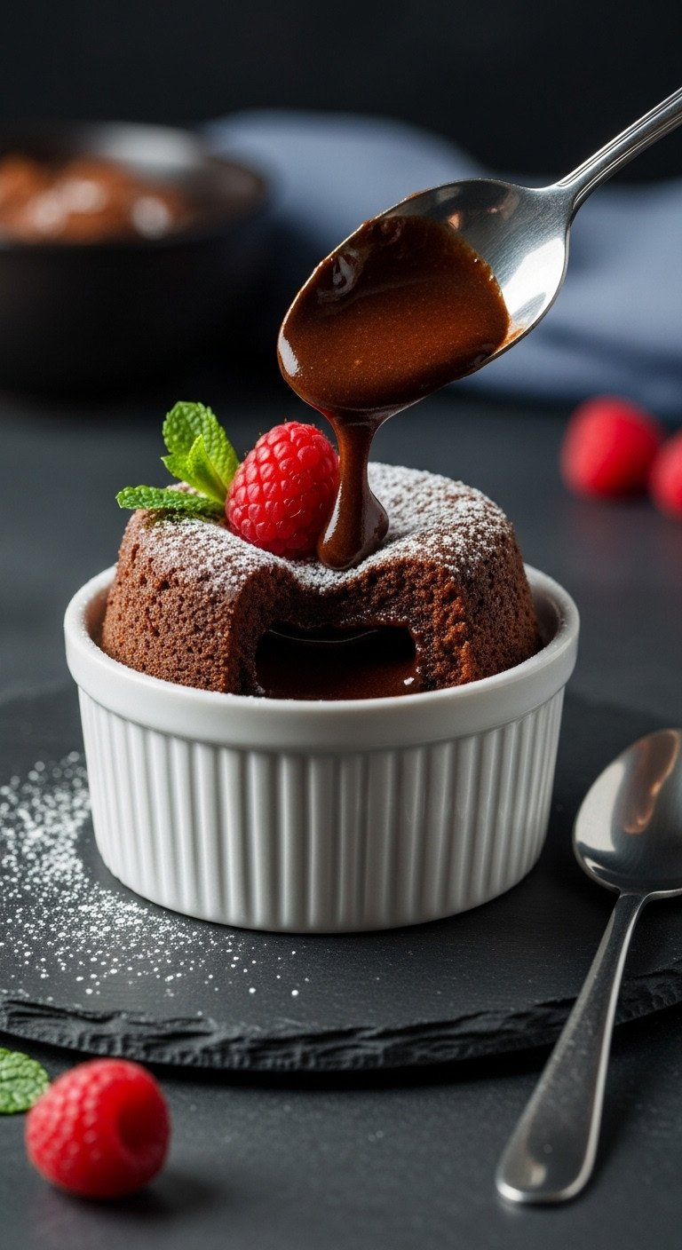 Chocolate Lava Cake In A White Ramekin, Its Molten Chocolate Center Flowing Out Onto A Dark Slate Plate Next To A Raspberry.