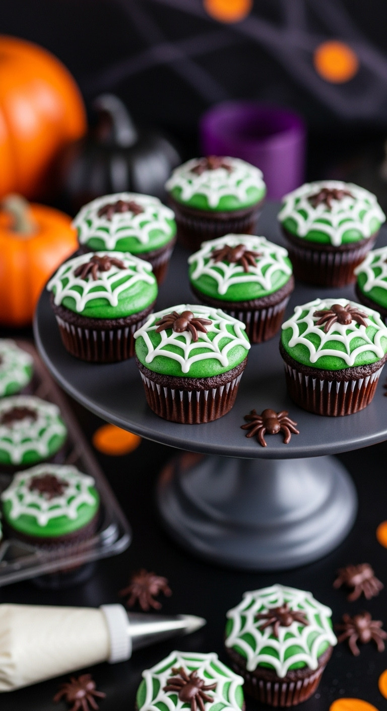 Chocolate Mini Muffins With Green Frosting, White Spider Webs, And Edible Chocolate Spiders On A Tiered Stand; Halloween Dessert.