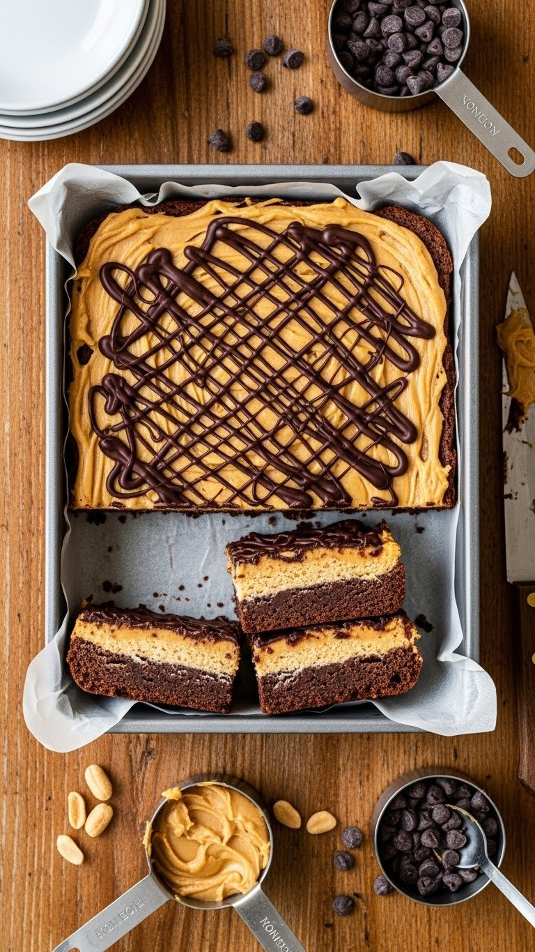 Chocolate Peanut Butter Fudge Bars, Sliced In Pan, Showing Distinct Layers, Dark Chocolate Drizzle. Rustic Wooden Table.