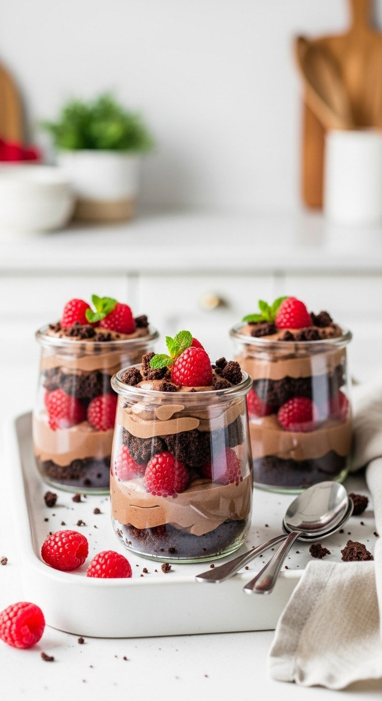 Chocolate Raspberry Mason Jar Trifles Layered With Mousse &Amp; Cookies On A Wooden Tray With Spoons. Fresh, Elegant Individual Desserts.