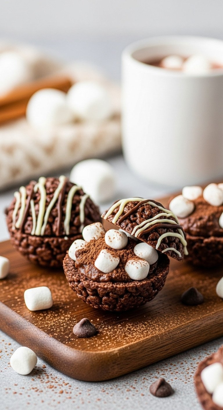 Chocolate Rice Krispie Hot Cocoa Bomb Shells Filled With Marshmallows And Cocoa Mix On A Wooden Board.