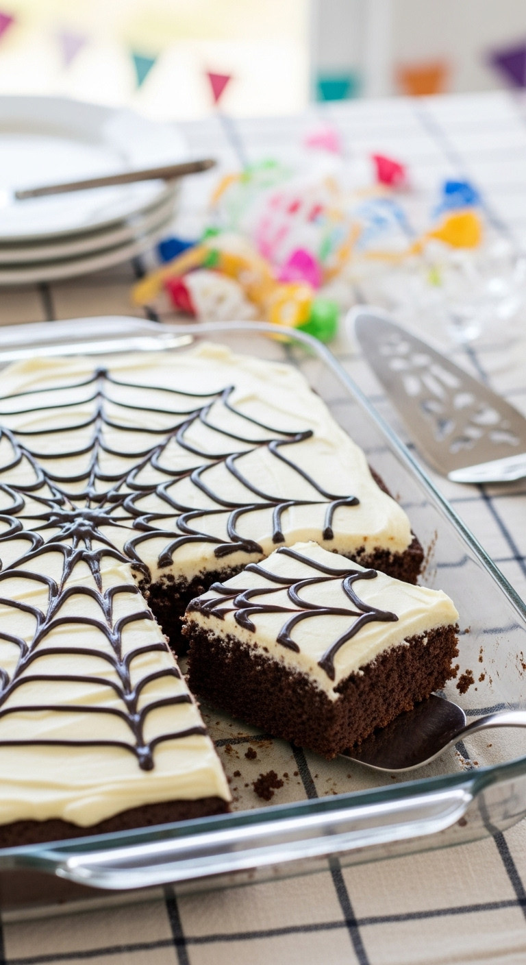 Chocolate Sheet Cake With White Spiderweb Frosting, One Slice Pulled Out, In A Vintage Glass Dish. Halloween Dessert Recipe.