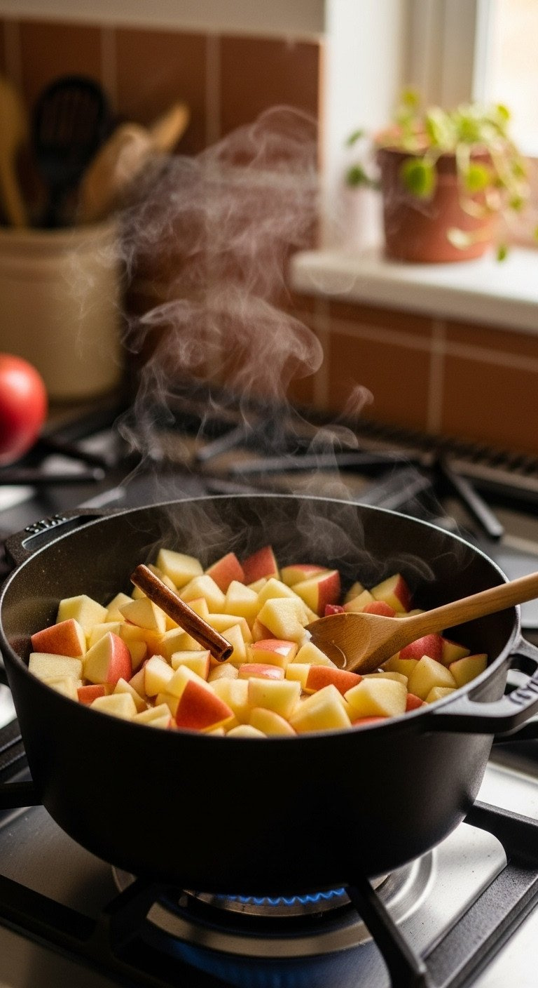 Chopped Apples Simmering Gently In A Cast-Iron Dutch Oven On A Gas Stovetop With A Cinnamon Stick. Warm Apple Recipe Prep.