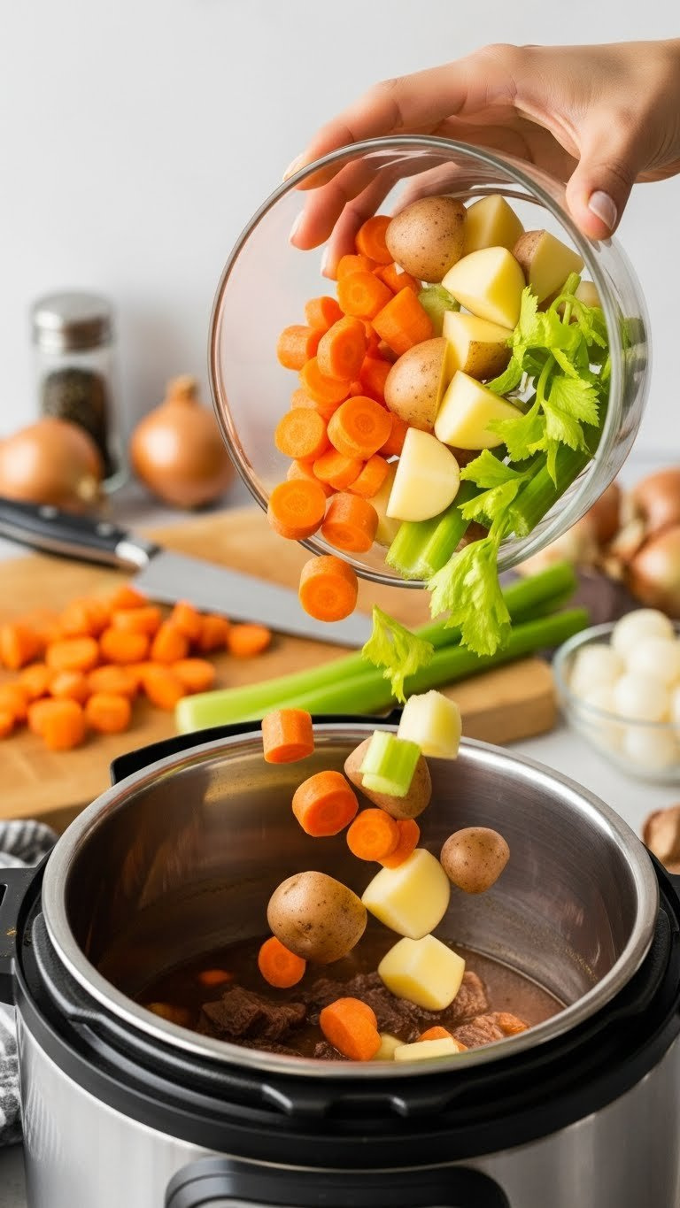 Chopped Carrots, Potatoes, And Celery Are Added To A Rich Beef Stew Base In An Instant Pot, Enhanced By Bright Daylight.