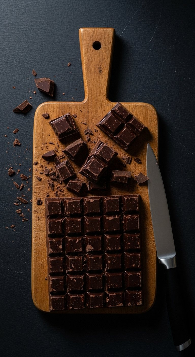 Chopped Dark Chocolate Chunks And Shards On A Rustic Wooden Cutting Board With A Knife.