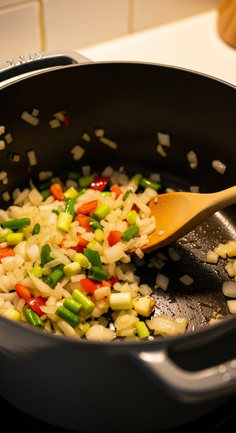 Chopped Onions, Bell Peppers, Scallions, And Garlic Sautéing In A Dutch Oven With A Wooden Spoon.