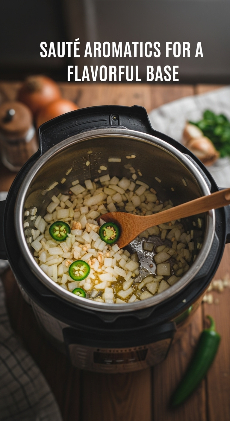 Chopped Onions Garlic And Jalapeños Sizzling In Melted Lard Inside An Instant Pot With A Wooden Spoon