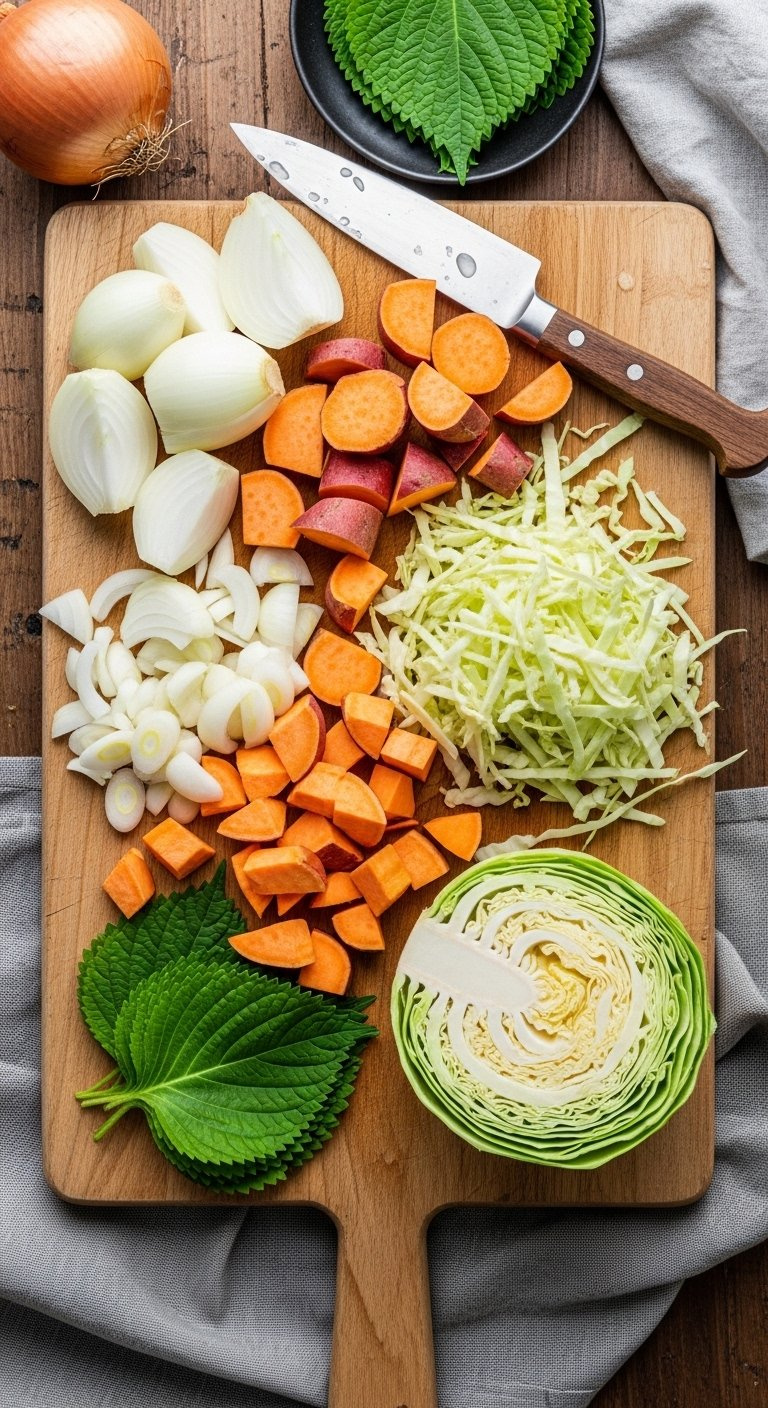 Chopped Onions, Sweet Potato Chunks, And Shredded Cabbage Arranged On A Wooden Cutting Board.