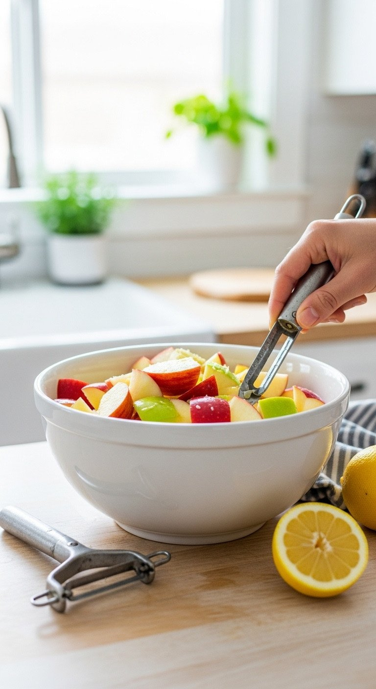 Chopped Red And Green Apples With Lemon Juice In A White Bowl On A Light Wood Kitchen Counter. Prepped Healthy Ingredients.