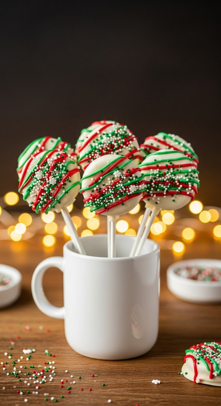 Christmas Oreo Pops, White Chocolate Dipped With Red/Green Sprinkles, In White Mug On Wooden Table. Delicious Holiday Dessert.