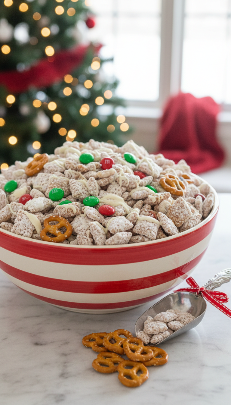 Christmas Puppy Chow (Reindeer Munch) With Red &Amp; Green M&Amp;Ms, Pretzel Twists, And Powdered Sugar In A Festive Bowl.