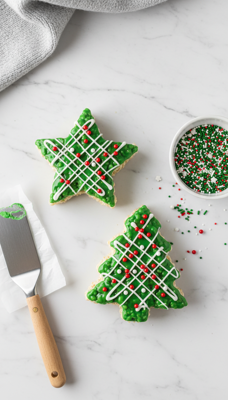 Christmas Rice Krispie Treats In Star &Amp; Tree Shapes With Green Icing &Amp; Red Candy, On A Marble Counter. Fun Holiday Dessert.